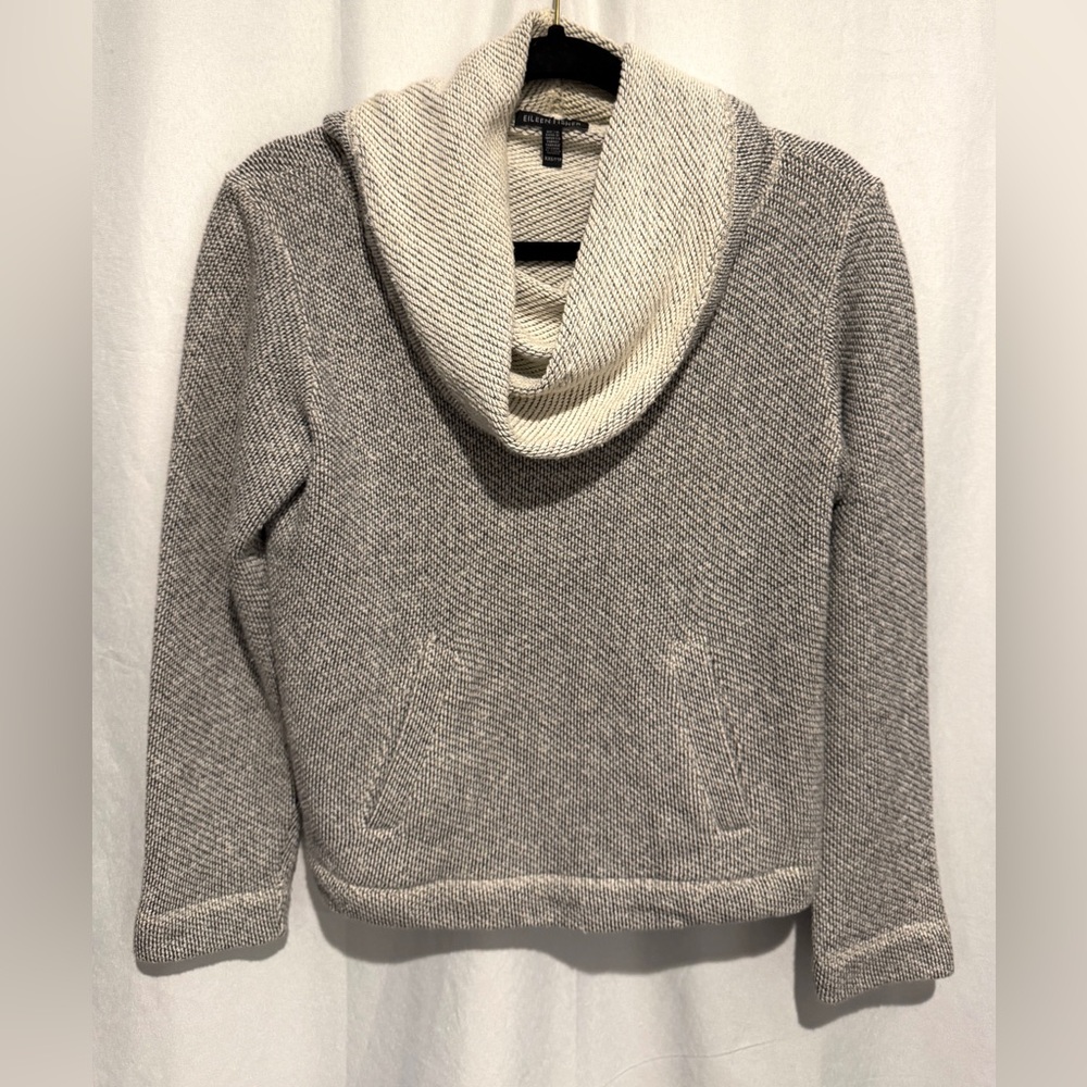 Eileen Fisher Sweater 100% Organic Cotton Gray Beige Cowl Neck Pockets Women XXS